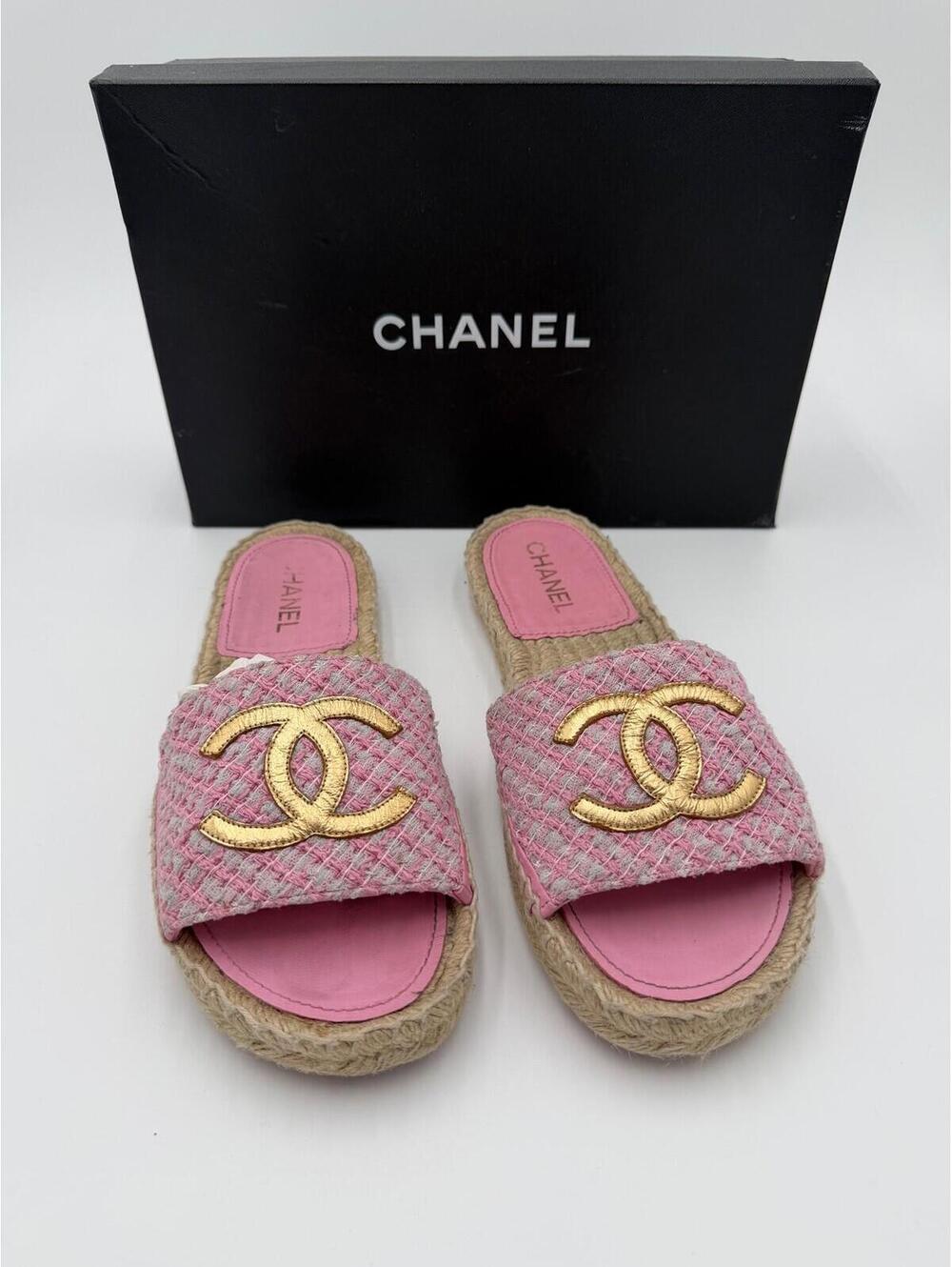 Chanel Espadrille Slide Sandals Tweed Espadrille Interlocking CC Logo Slide